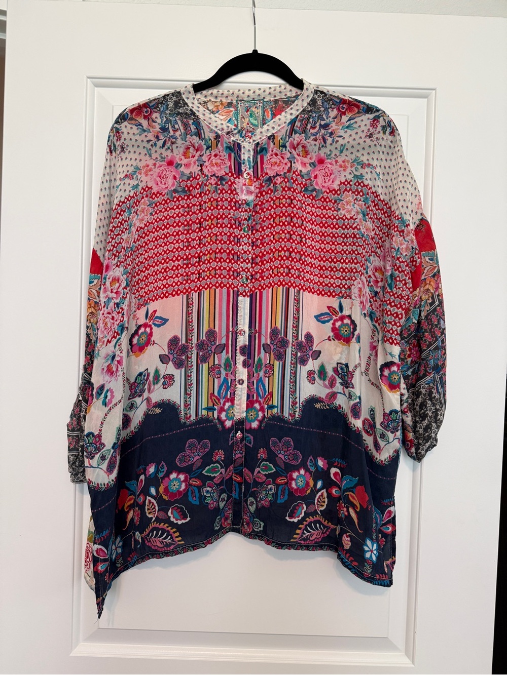Johnny Was Multicolor Floral Button-Down Roll Tab Long Sleeve Top M Excellent